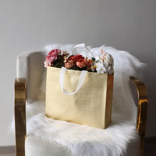 cabzymx 16 Pcs Glossy Gold Reusable Gift Bags, Metallic Bling Design Holiday Goodie Bags with Handles & Bases, Non-woven Gift Bag Bulk for Birthday, Wedding, Parties, Graduation- 12.6x4.7x11 In - color: Gold, size: 1 Count (Pack of 16)