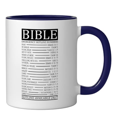 Bible Emergency Hotline Numbers | Christian Ceramic Mug, Dark Blue/White, 11oz - color: Dark Blue/White, size: 11 Ounces