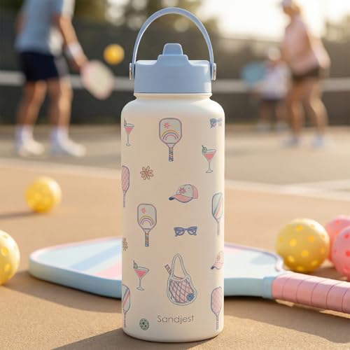 SANDJEST Pickleball Gift for Women, Water Bottle Stainless Steel 32oz with Lid & Straw, Sport Insulated Bottles Gifts for Girls Friends Teens Birthday Christmas - color: Pickleball 1
