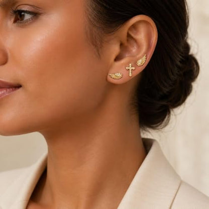 Angel Wing Stud Earrings for Women Crystal Cross Screw Back Wings Earrings Piercing Jewelry - color: 3pcs Gold