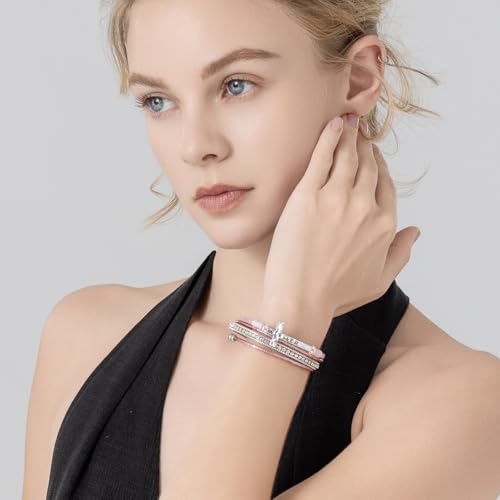 Christian Cross Leather Bracelets Boho Western Blessing Religious Jewelry - color: Pink