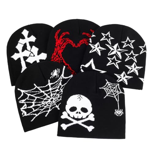 4Pcs Y2k Beanie Winter Knitted Hat Warm Graphic Cap for Women Men - color: Skull+spiderweb+rich+cross（black）