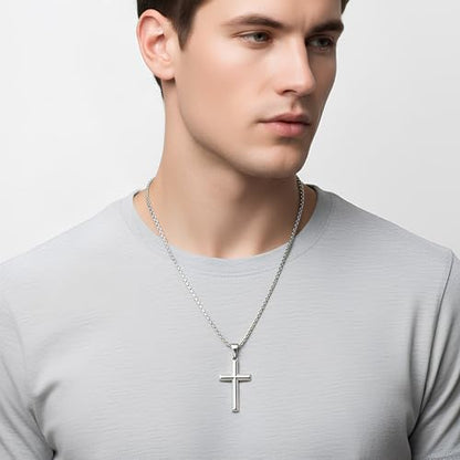 Fiusem Beveled Edge Cross Necklace for Men - size: 16 inches, style: Silver cross: 1.4"*0.8"