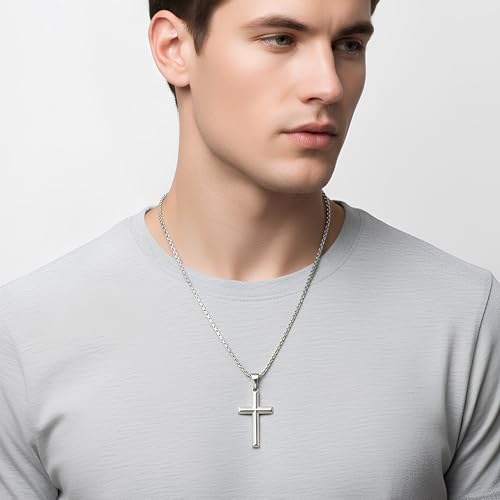 Fiusem Beveled Edge Cross Necklace for Men - size: 24 inches, style: Silver cross: 1.4"*0.8"
