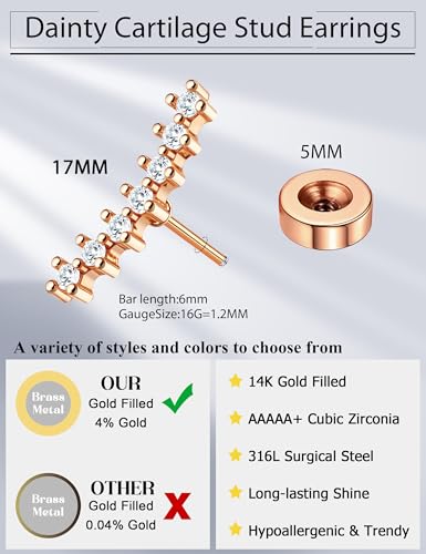 JeryWe Cartilage Earrings for Women Hypoallergenic Helix Piercing Jewelry - color: G:long cz-rosegold filled