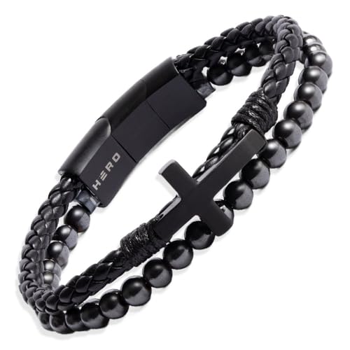 Hero Company FIDES Leather & Magnetic Titanium Bead Cross Bracelet for Men