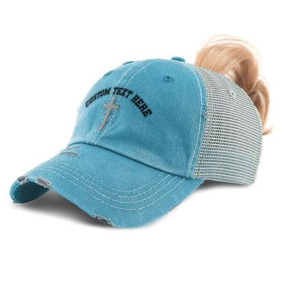 Ponytail Cap Women's Baseball Cap Embroidered Cross Silver Christ Jesus God Faith Cotton - color: Turquoise Personalized Text Here