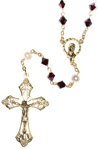 Catholic Prayer Rosary Created with Swarovski® Crystals-Glass-Silver-Gold - color: Garnet - January - GOLD