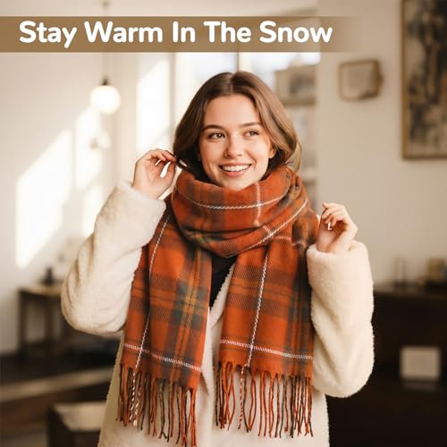 Loritta Winter Scarf for Women, Long Plaid Shawl Wraps Scarves Gifts - color: U-orange Dark Green Lattice