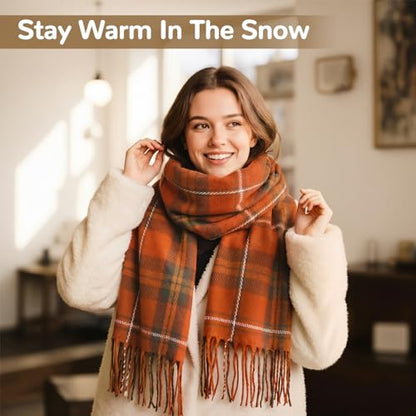 Loritta Winter Scarf for Women, Long Plaid Shawl Wraps Scarves Gifts - color: U-orange Dark Green Lattice