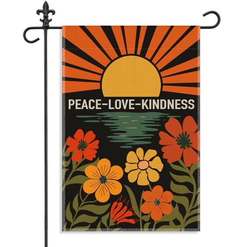 Peace Love Kindness Garden Flag, 12 x 18 Inch Double Sided Motivational Yard Sign, Sunset Flowers Style Peace Decor Flag for Outside Garden Back Yard, Inspirational Gifts for Kind Advocate - color: Black