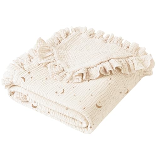 Konssy 100% Cotton Muslin Baby Blanket with Ruffle Trim for Girls, 43"x39" - color: Moon