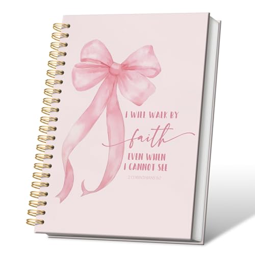 2 Corinthians 5:7 Bible Verse Lined Notebook Hardcover, Girly Preppy Bow Religious College Ruled Notebook Journal - color: coquette bow