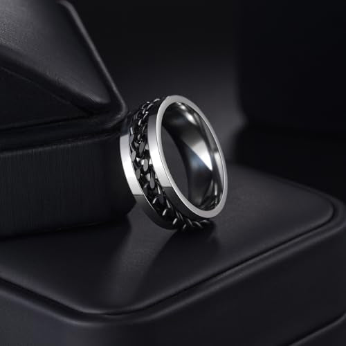 Mens Fidget Rings Anxiety Ring for Men 6mm 8mm Chain Spinner Ring Size 5-14 - color: Silver Black