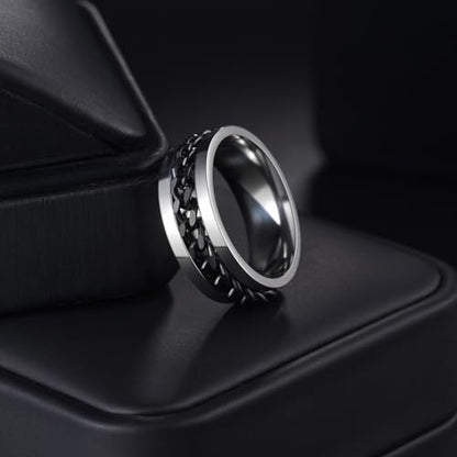 Mens Fidget Rings Anxiety Ring for Men 6mm 8mm Chain Spinner Ring Size 5-14 - color: Silver Black