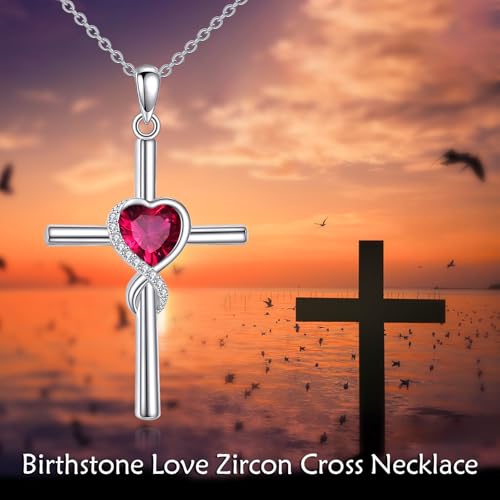 S925 Sterling Silver Cross Necklace for Women Birthstone Necklace Heart Infinity Cross Pendant Necklace Christmas Valentines Day Gifts Birthday Holiday Gifts for Her, 18"+2" Inches - color: 07-Jul Birthstone - Ruby
