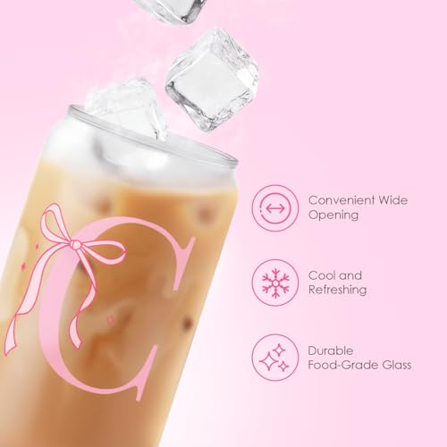 SANDJEST Monogrammed Glass Drinking Can Cup with Acrylic Lid and Straw, Personalized Frosted Iced Coffee Tumbler 16oz, Monogram Initial Gifts for Women Girls on Birthday (C) - color: C