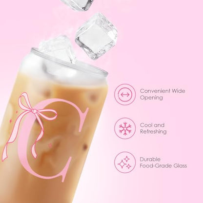 SANDJEST Monogrammed Glass Drinking Can Cup with Acrylic Lid and Straw, Personalized Frosted Iced Coffee Tumbler 16oz, Monogram Initial Gifts for Women Girls on Birthday (C) - color: C