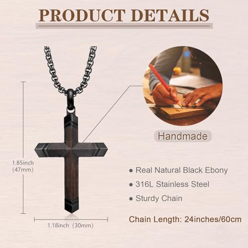 FLHEART Wooden Cross Bible Verse Necklace for Men, Hawaiian Handmade Real Black Ebony Wood Cross Pendant Stainless Steel Chain, Mens Cross Necklaces Koa Wood Jewelry Christian Baptism Easter Gifts - style: Lord's Prayer - 1pc