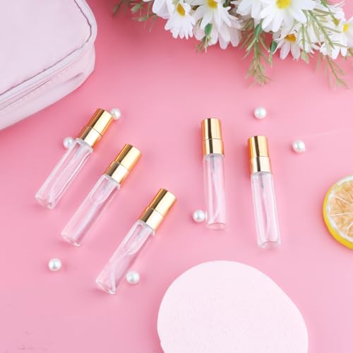 30 Pcs 5ml/0.17oz Mini Spray Bottle Glass Fine Mist Perfume Atomizer Empty Sample Containers with Golden Lids for Travel Cleaning Essential Oils - size: 5 ml