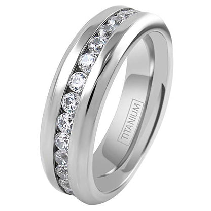 KING'S CROSS Personalized Engraved Dazzling 7mm Ultra-Light Brilliant Polished Titanium Cubic Zirconia (CZ) Eternity Band Ring with Beveled Edges.