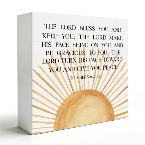Boho Sun Christian Wooden Box Sign 5x5 Inch, Christian Desk Decor, Numbers 6:24-26 Bible Verse Religious Decorative Wood Signs for Church Prayer Room Desk Tabletop Shelf Decorations - color: Wooden Box Sign D
