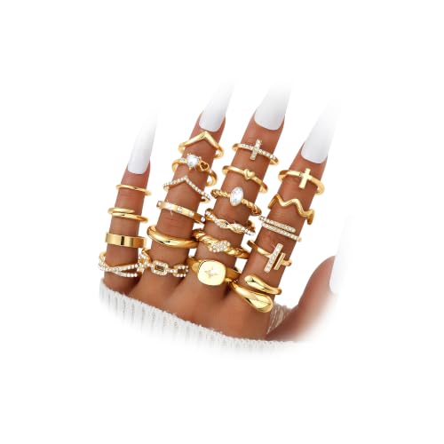 Gold Stackable Rings Set for Women, Gold Plated Chunky Crystal Finger Rings - color: Gold CZ
