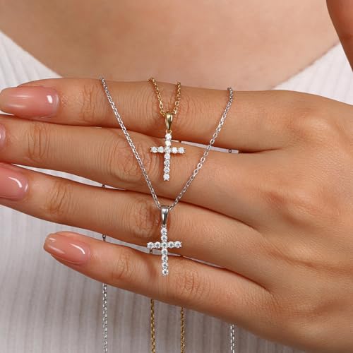 LANE WOODS Moissanite Small Cross Necklace for Women: Dainty Tiny 14K Gold Plated Sterling Silver Pendant Simulated Diamond Layered Chain Necklace Minimalism Jewelry - style: 1-Silver