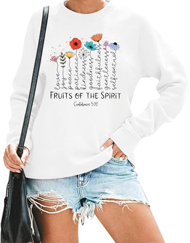 KIDDAD Christian Sweatshirts for Women Jesus Sweatshirt Bible Verse Sweatshirt Fruits of the Spirit Long Sleeve Pullover - color: White, size: Small