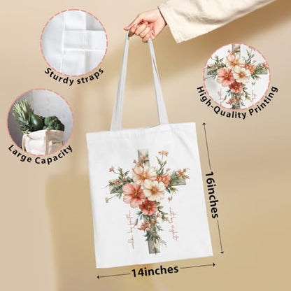 VICBOU Bible Verse Canvas Tote Bag Religious Christian Gifts for Women Men Faith Canvas Tote Reusable Grocery Bag - color: Crossflowers01