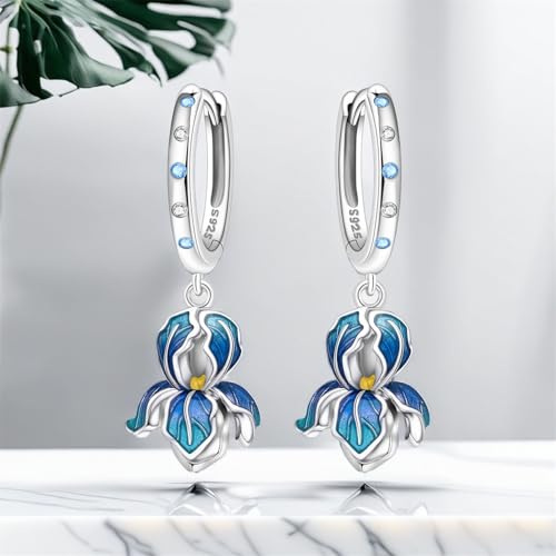 925 Sterling Silver Drop & Dangle Earrings for Women,Butterfly Dragonfly and Bee|Flower and leaf Earrings, Suitable for Sensitive Ears Fashion Jewelry Gift- Hypoallergenic Earrings - color: Blue Iris