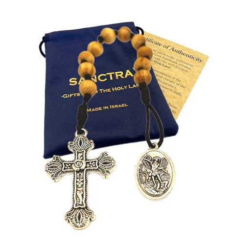 Pocket Rosary, Prayer Beads with Saints Medal and Cross/Crucifix - style: St Michael, 10 Beads, Natural Wood, One Decade
