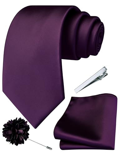 Branduce 3.15"（8cm） Mens Tie and Lapel Pin Solid Necktie Handkerchief Tie Clip Set for Men - color: Dark Purple