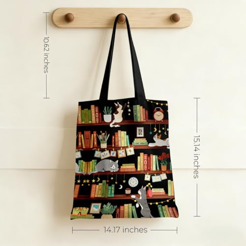 Canvas Tote Bags Reusable Shopping Bag for Women with Zippered Inner Pocket Magnetic Snap Closure - color: Bookshelf Cats
