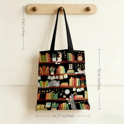 Canvas Tote Bags Reusable Shopping Bag for Women with Zippered Inner Pocket Magnetic Snap Closure - color: Bookshelf Cats