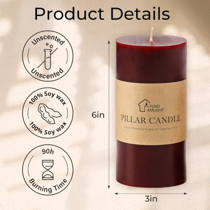 3x6 Inch Burgundy Pillar Candles Set of 3,Unscented Dark Red Pillar Candle - color: Burgundy, size: 3x6
