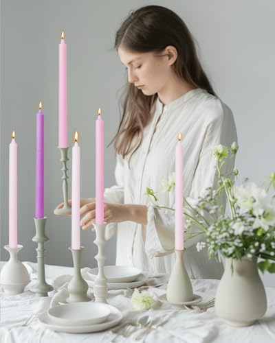 Pink Taper Candles 10.5 inch Pastel Candle Sticks Unscented Driples Tapered Candle Ideal as Dinner Candles Smokeless Long Burning,Set of 12 - color: Ribbed10.5''-Light pink