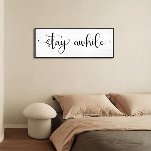 Stay Awhile Sign Wall Decor: 32''×12'' Farmhouse Wall Art Rustic Canvas Print Wall Signs, Large Black Framed Hanging Plaque Home Decor for Kitchen Dining Room Living Room Hallway Entryway - color: Stay Awhile, size: 32''×12''