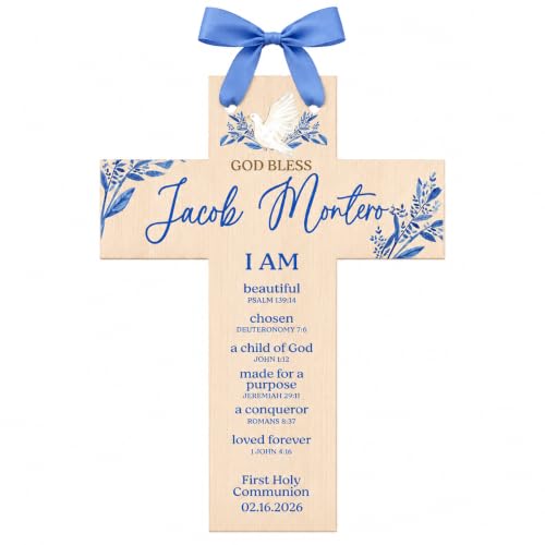 Personalized Wall Cross, First Communion Wall Cross with Name, Catholic First Holy Communion Gift for Boys, Baby Boy Baptism Keepsake, Religious Wall Decor, Christening Gifts, Baptism cross boy (I Am...) - color: I Am