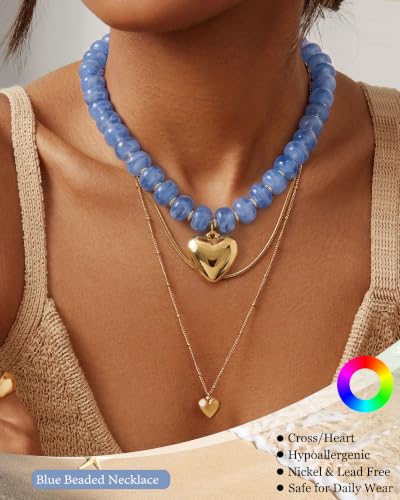 ZHESHY Chunky Beaded Necklaces for Women Heart Cross Statement Necklace - color: Blue 2