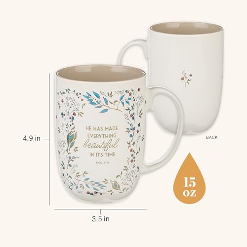 Christian Art Gifts Large Women's Ceramic Coffee Bible Verse Mug - color: White & Taupe Floral/Everything Beautiful