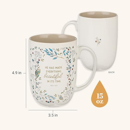 Christian Art Gifts Large Women's Ceramic Coffee Bible Verse Mug - color: White & Taupe Floral/Everything Beautiful