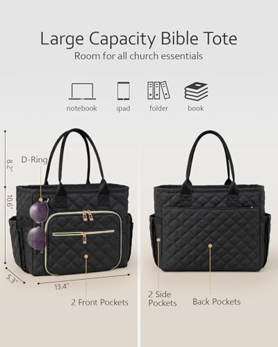 Large Bible Bag with Bible Cover Case for Women, Quilted Bible Tote Bag - color: Black