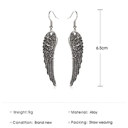 MALOYANVE Angel Wing Earrings for Women Unique Antique Silver Plated Fairy Feather Guardian Dangle Drop Hook Earrings Jewelry