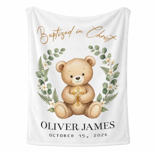 Personalized Baptism Teddy Bear Toddler Blanket, Baptized in Christ Christian Cross Throw, Custom Name and Date Faith Keepsake for Boy Girl, Religious Gift from Parents Grandparents - color: Baptsim Toddler Blanket#7