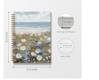 Blue and White Floral Spiral Journal Notebook 5.5x8.3, Daisy Notebook Journal Hardcover for Women, Daisy Gifts for Daisy Lovers Women. - color: Blue daisy