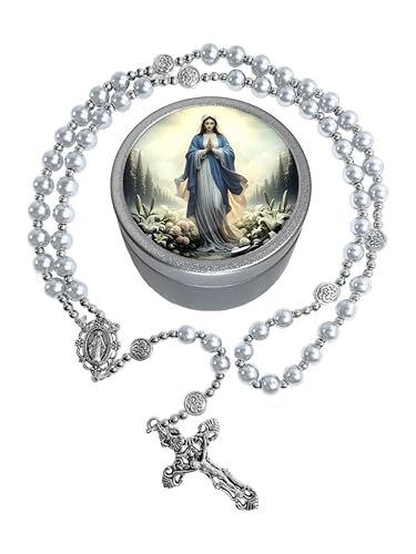 8mm Glass Pearl Rosary - Catholic Necklace for Men and Women Comes in a Metal Gift Box, First Communion Rosary Necklace as Gifts - color: White