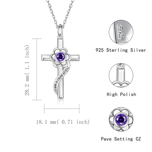 I am a Child of God Necklace - 925 Sterling Silver Birthstone Flower Cross Pendant Religious Jewelry Baptism First Communion Confirmation Gifts for Girls - style: Feb