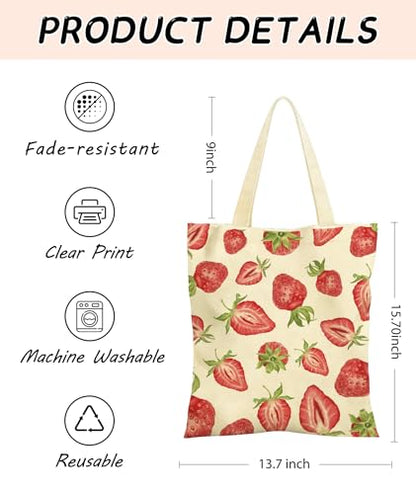 Women's Canvas Tote Bags with Inner Pockets & Metal Snap, Reusable Tote Bag for Girl's Vacation Travel Gym Shopping - color: Red Strawberry