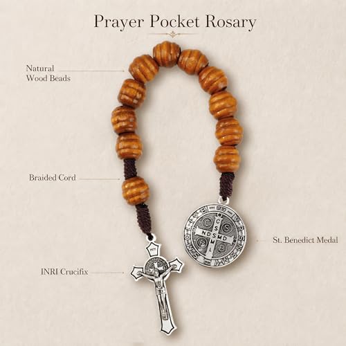 8 Inch Wooden Pocket Rosary for Men, Rosario with Saint Benedict Medal - color: Silver